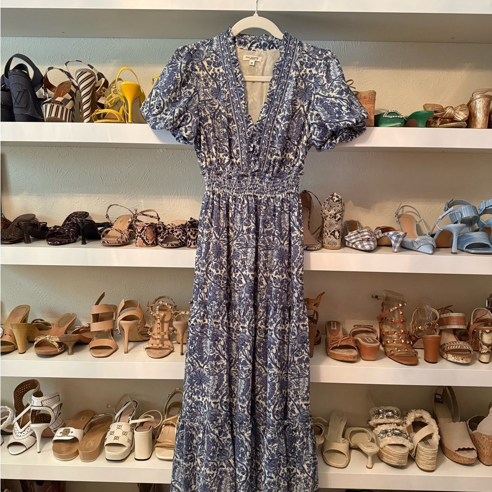 Max Studio Blue Floral V-Neck Shirred Waist Maxi Dress